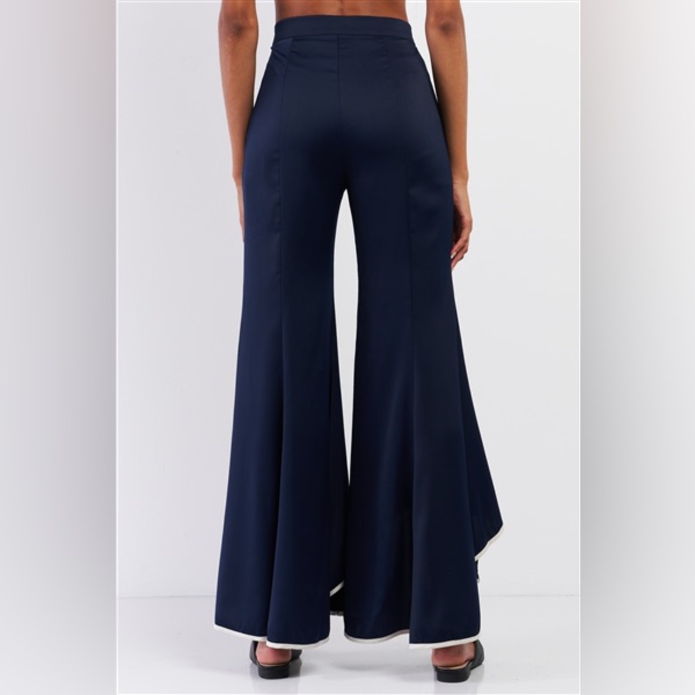 Navy Satin High Waisted Asymmetrical Flare Pants